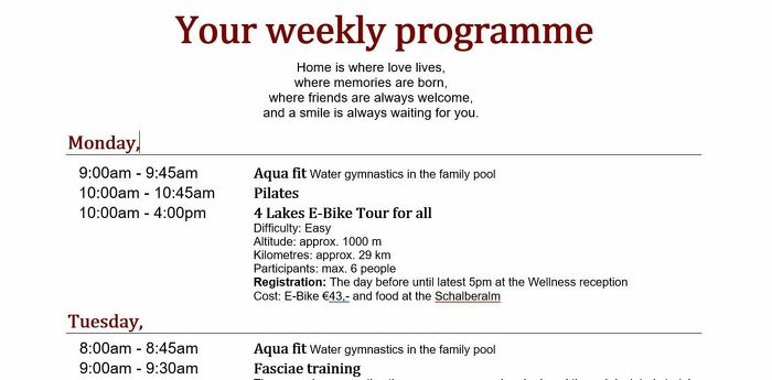 Weekly program - Programme of your holiday week